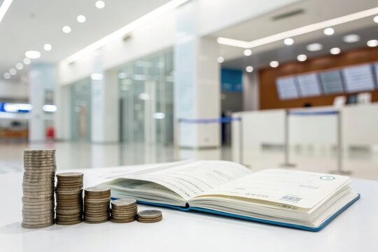 An open savings passbook and a stack of coins arranged neatly on a white table,