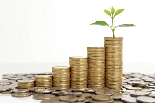 A pile of neatly stacked golden coins growing into a bar graph shape,