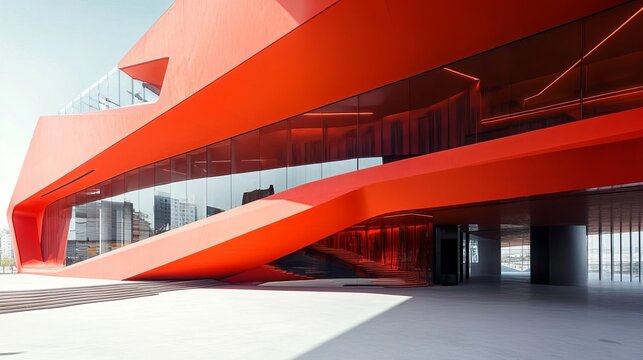 Modern, vibrant red building with sleek design, glass windows, and angular architecture. Sunny outdoors