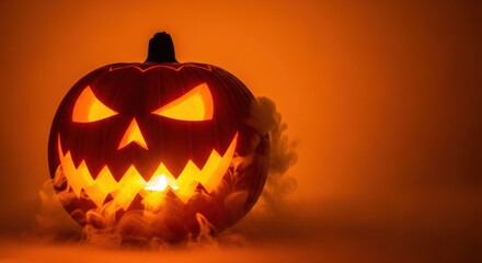Glowing halloween pumpkin with spooky face and smoke on an orange background