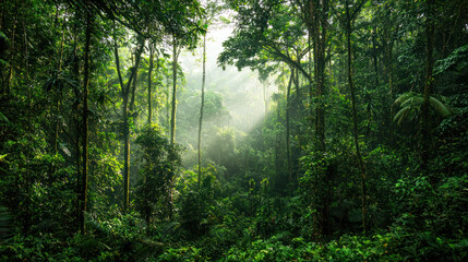 Obraz premium A dense forest with sunlight streaming through the trees and a thick layer of mist.