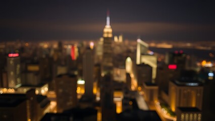 A vibrant city skyline illuminated by glowing lights against a softly blurred night backdrop.