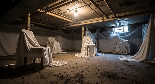 Abandoned Basement with Covered Chairs.