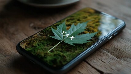 A phone with a leaf on it that says Tax. The phone is on a wooden table. Minimal conceptual maple leaf icon over smartphone with tax icon overlay, clean muted, Canada digital services tax