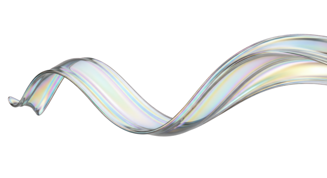 Iridescent Ribbon Wave with Holographic Sheen on White Background.