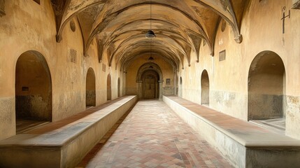 Long arched hallway with stone benches, terracotta floor, and dim lighting. Historical building interior