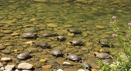 Group of turtles in shallow water with pebbles and sunlight