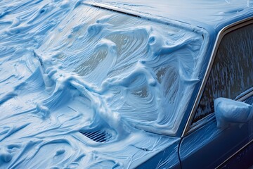 Analog close-up of a royal blue car being washed, the surface completely covered in soap scum. The foam is thick and uneven, streaking the windows and metal body in expressive gestures