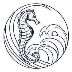 Stylized seahorse gracefully swimming amidst swirling ocean waves in a circular emblem design