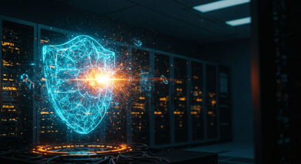 Advanced firewall technology represented by a holographic shield defending critical data infrastructure in a modern data center