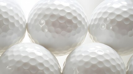 Neatly arranged golf balls on white surface, clean reflections and product-style presentation.