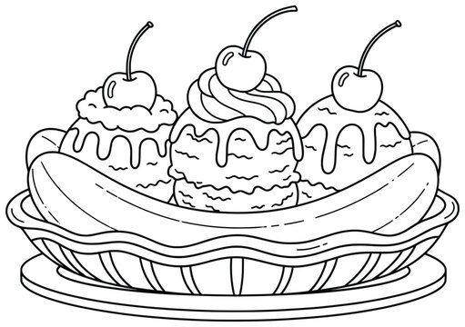Banana split illustration featuring a peeled banana served in a dish with scoops of ice cream, syrup, and cherries on top drawn in clean black outlines in a simple cartoon style
