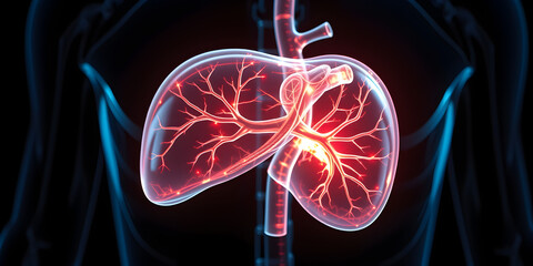 3D holographic liver model advanced medical technology, healthcare innovation. Futuristic digital imaging visualizes internal anatomy for science, medicine, surgical planning. Glowing organ model