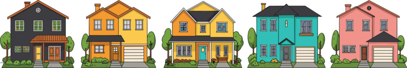 Colorful suburban house illustrations, modern residential buildings, cartoon front view homes, family real estate design, vector exterior property clipart