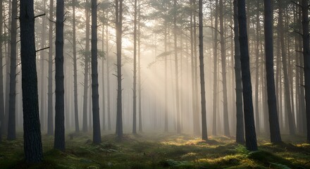 Obraz premium Misty forest with sunlight beams through trees nature landscape
