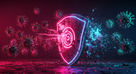 Digital shield protecting against cyber threats and viruses in a secure network environment, symbolizing robust defense and immunity in the face of widespread attacks