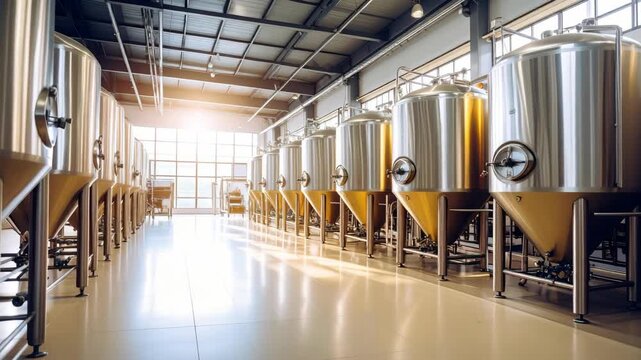 Row of industrial fermentation tanks in a brewery, showcasing stainless steel equipment and flooring inside a manufacturing warehouse.