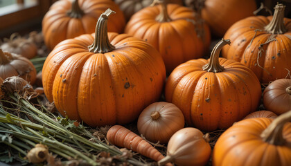 Autumn harvest theme with pumpkins, carrots, and onions, warm natural lighting"
