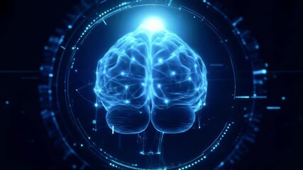 Futuristic digital brain with glowing connections, set against a dark background, symbolizing technology and innovation - Powered by Adobe