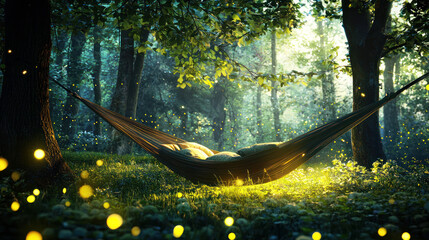 A forest clearing with a cozy hammock and glowing fireflies.