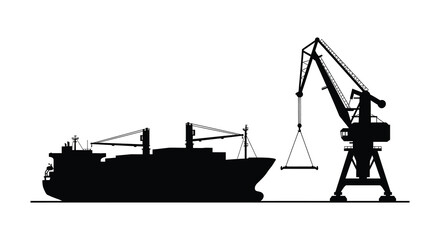 cargo ship docked near crane with dark outline silhouette
