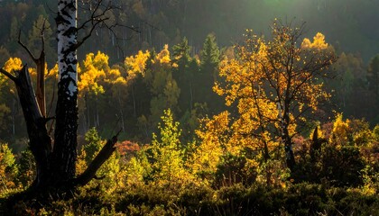 Autumnal forest scene showcases vibrant fall foliage, illuminated by soft sunlight filtering through the trees.