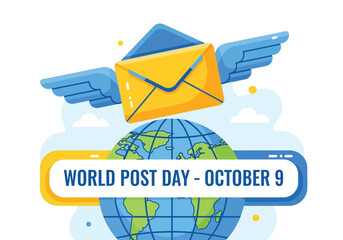 vector illustration of a winged envelope flying over the globe for a World Post Day banner on October 9.