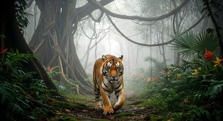 A magnificent striped feline predator prowls through the beautiful wild jungle