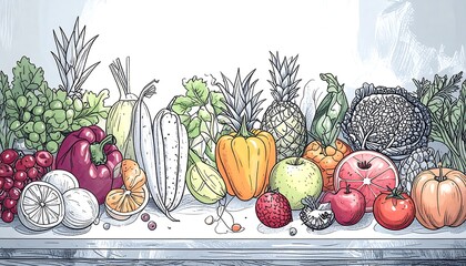 Colorful fruit and vegetable display on a surface