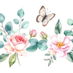 Watercolor floral arrangement with roses, eucalyptus, and a butterfly