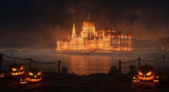 Halloween Budapest, gothic parliament building glowing with eerie orange lights, pumpkins lining the riverbank