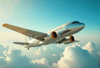 Obraz premium Silver Tone Commercial Airplane Flying Above Fluffy White Cloudscape Scenery