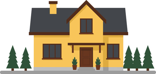 Flat design yellow house illustration, cozy home exterior, modern suburban property, cartoon building front view, vector real estate clipart