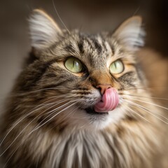 Long-haired cat licking lips with green eyes close-up