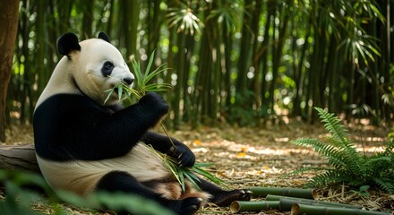 Obraz premium A black and white giant panda bear eating bamboo in the forest is a rare sight of endangered wildlife from China