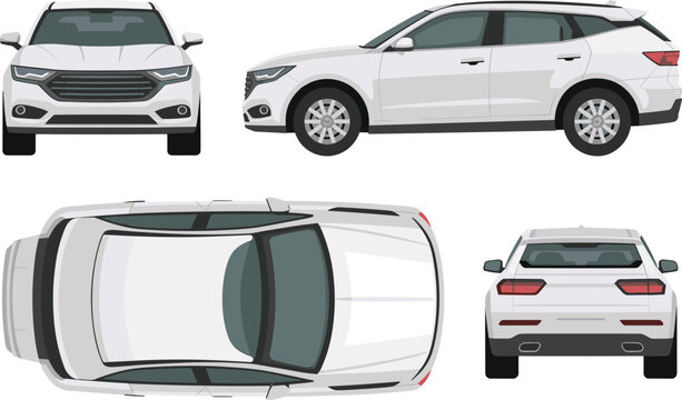 SUV car, white vehicle, side view, front view, rear view, top view, angled view, automotive design, transport, detailed exterior design