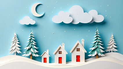 Naklejka premium Paper winter village at night