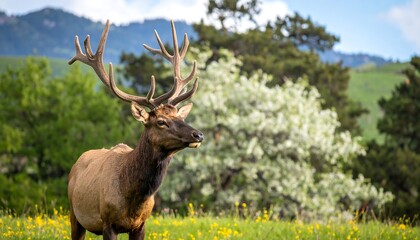 Elk with large antlers in a meadow