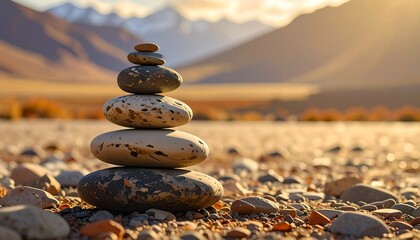 A serene stack of stones rests atop a bed of pebbles, bathed in golden sunlight, with a blurred backdrop of mountains and a tranquil landscape.
