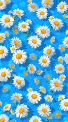 Bright Daisies Bloom Against a Vivid Blue Background Creating a Cheerful Floral Pattern in Springtime