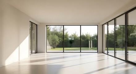 Modern minimalist interior space with expansive glass panels and garden view