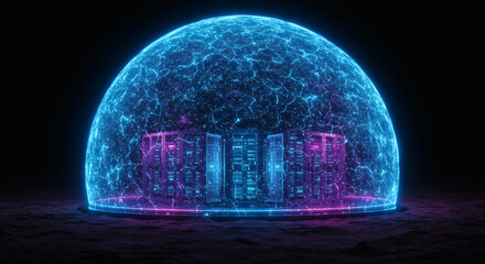 Obraz premium Futuristic Digital Shield Encasing Modern Cityscape with Glowing Energy Field