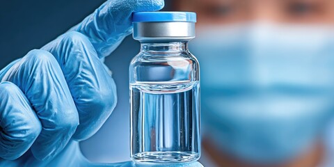Hand in blue glove holds vial of clear liquid