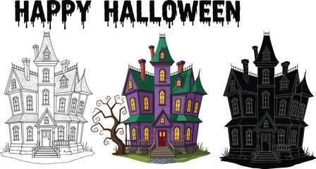 Obraz premium Haunted house illustration for Halloween, spooky cartoon mansion in color, black and white, silhouette, perfect for seasonal decorations.