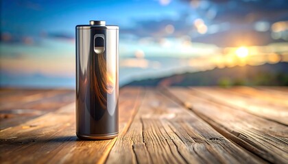 A sleek, metallic cylinder rests on a weathered wooden surface, bathed in the warm glow of a sunset.