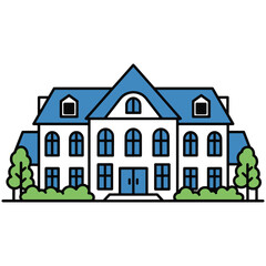 flat vector blue and white house with trees and bushes