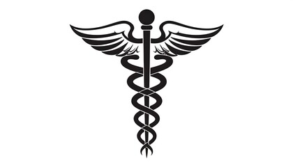 Elegant black and white medical symbol design, featuring a stylized caduceus with wings, on a plain white background.