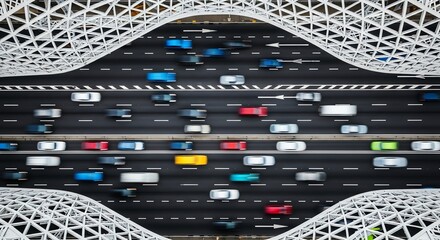 Abstract Aerial View: Urban Highway Traffic Flow Beneath Modern White Lattice Structure
