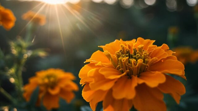 Vibrant orange marigold flower basking in warm sunset glow with lush green background