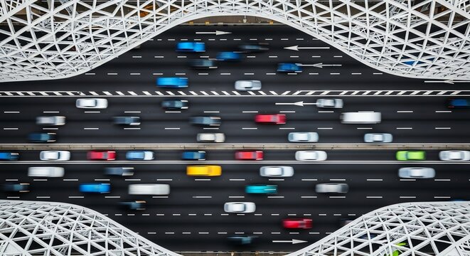 Fototapeta Abstract Aerial View: Urban Highway Traffic Flow Beneath Modern White Lattice Structure